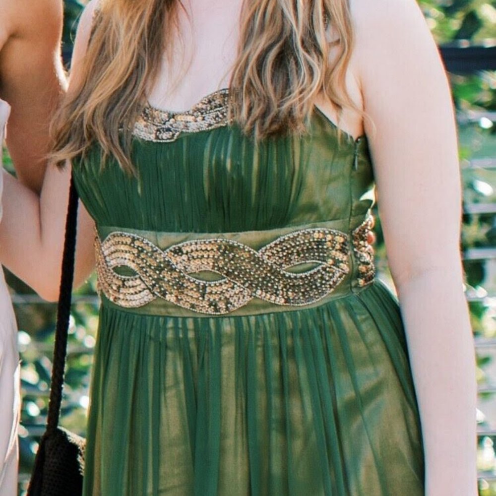 Adrianna Papell Green Gold Beaded Dress, Size 4